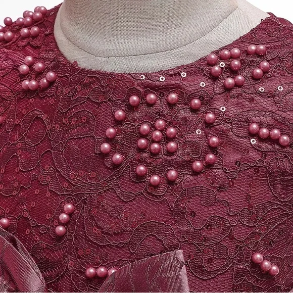 Luxury Pearl Embroidered Floral Bow Princess Wedding Birthday Flower Dress 5056 - Picture 5 of 10